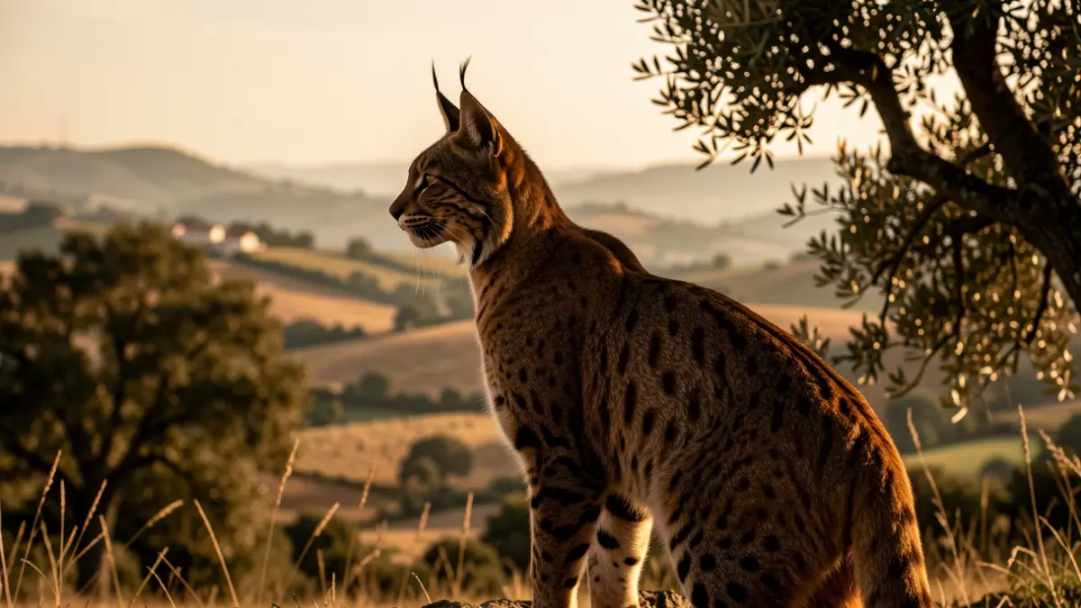 Imagem genérica de uma silhueta de lince-ibérico sobre uma paisagem portuguesa com sobreiros e colinas.