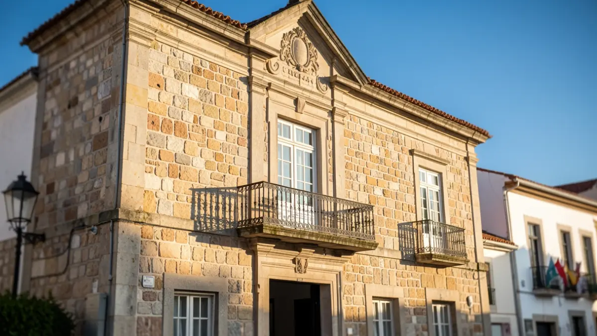 Fachada da Câmara Municipal de Almodôvar com luz solar de tarde.