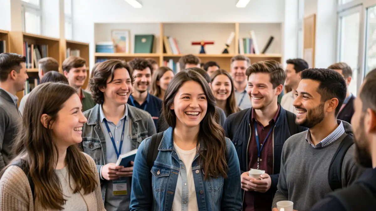Imagen genérica de un grupo de jóvenes adultos sonrientes en una universidad.
