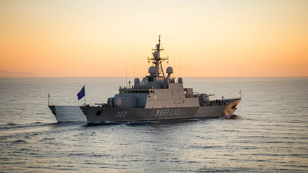 Imagem genérica de uma fragata da Marinha Portuguesa a navegar no Mediterrâneo ao pôr do sol.