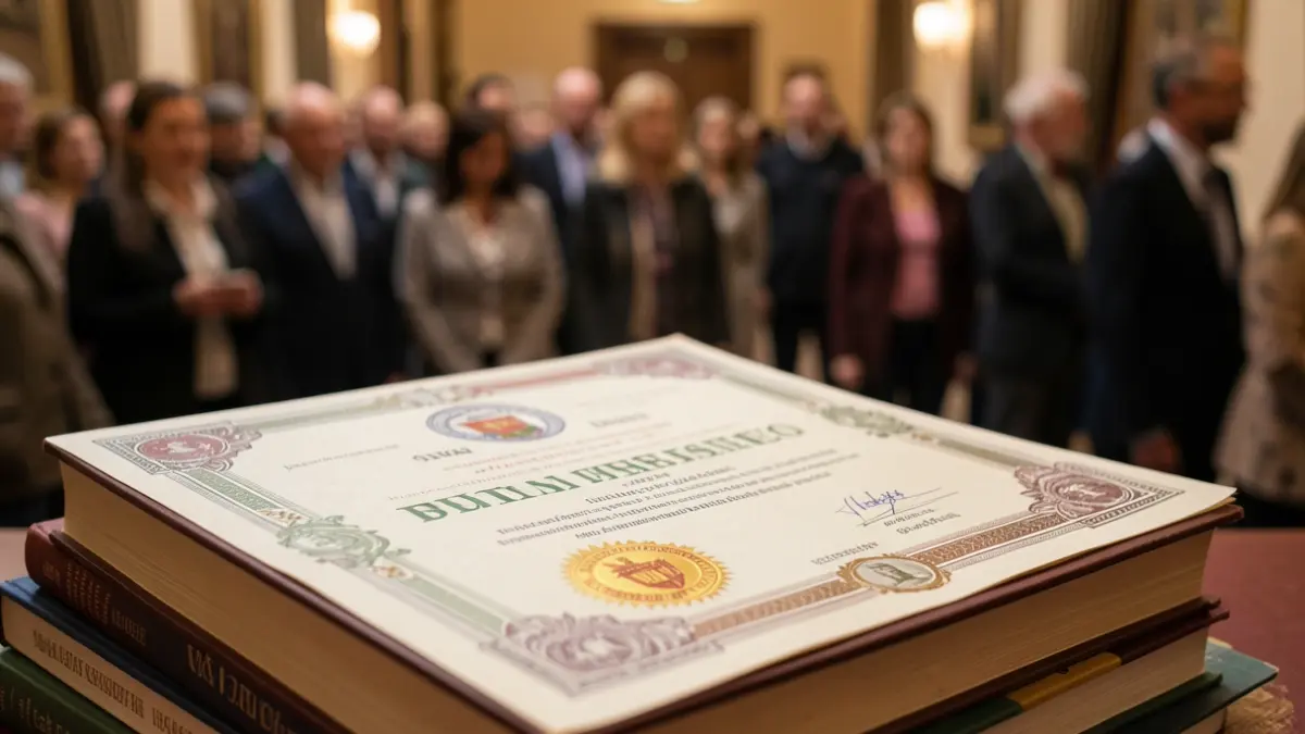 Imagem genérica de um diploma universitário com selo e livros académicos.