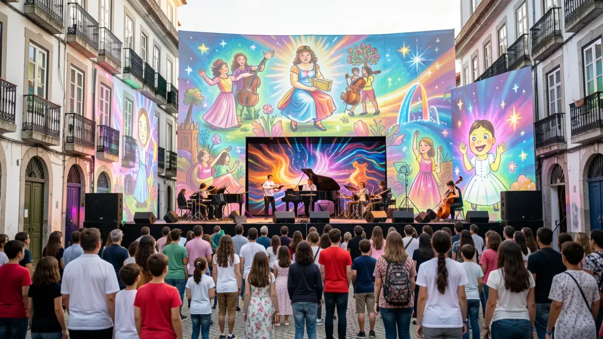 Imagem genérica de uma cena artística multidisciplinar para crianças, com elementos de música sinfónica, teatro, multimédia e ilustrações coloridas.
