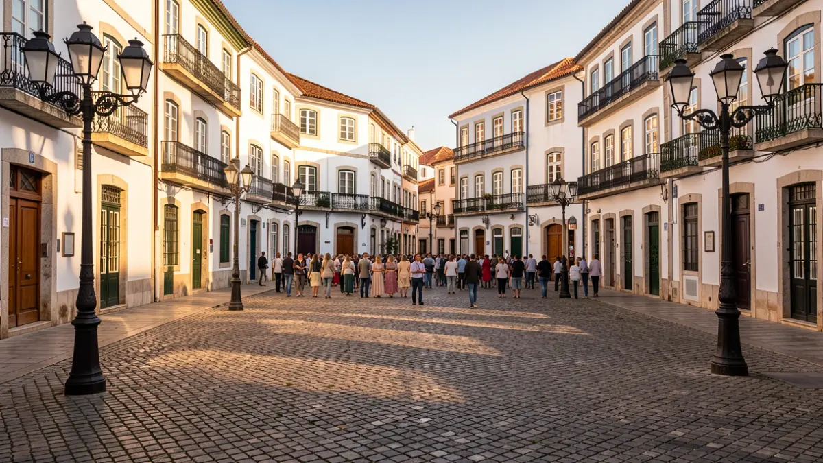 Imagen genérica de una plaza portuguesa con arquitectura tradicional e iluminación de atardecer.
