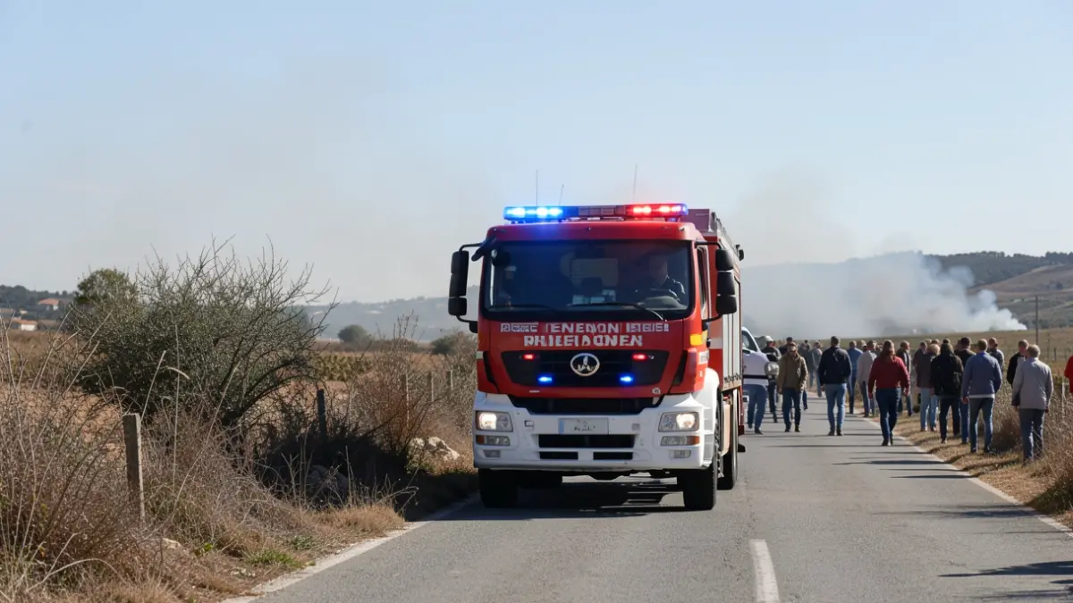 Imagen genérica de un vehículo de prevención de incendios con luces de emergencia azules y rojas, en una carretera rural en Portugal, con vegetación seca y un indicio de humo a lo lejos.