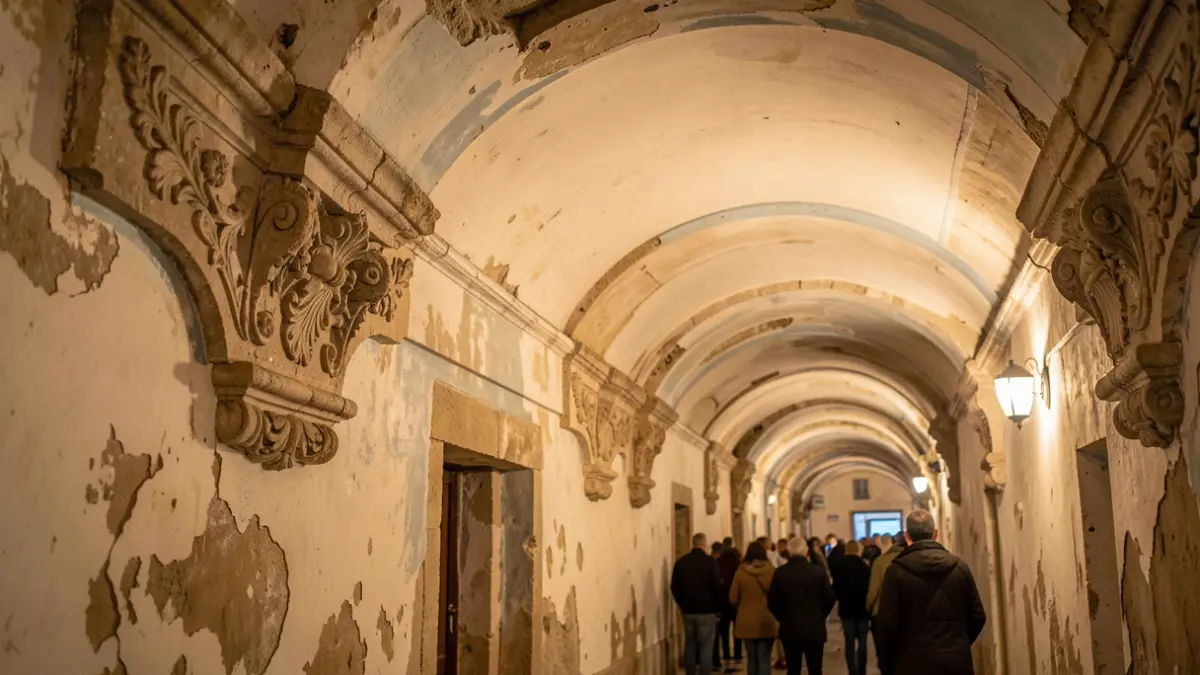 Imagem genérica de detalhes arquitetónicos de um túnel histórico com trabalhos de conservação recentes.