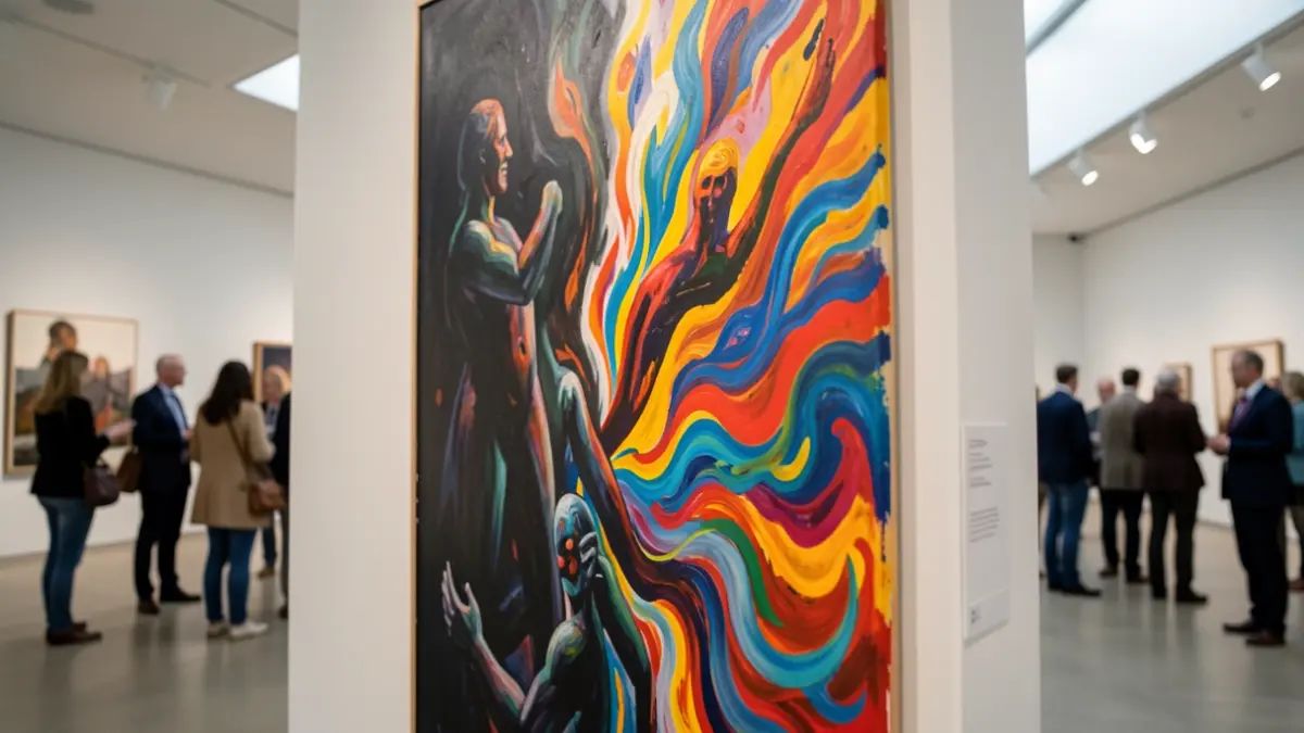 Abstract painting transitioning from dark to vibrant colors, displayed in a museum.