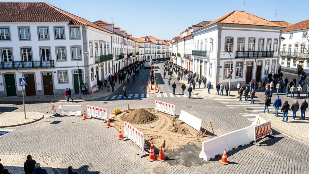 Vista aérea de una rotonda en Braga con obras de reordenamiento vial en curso, mostrando barreras y señalización.