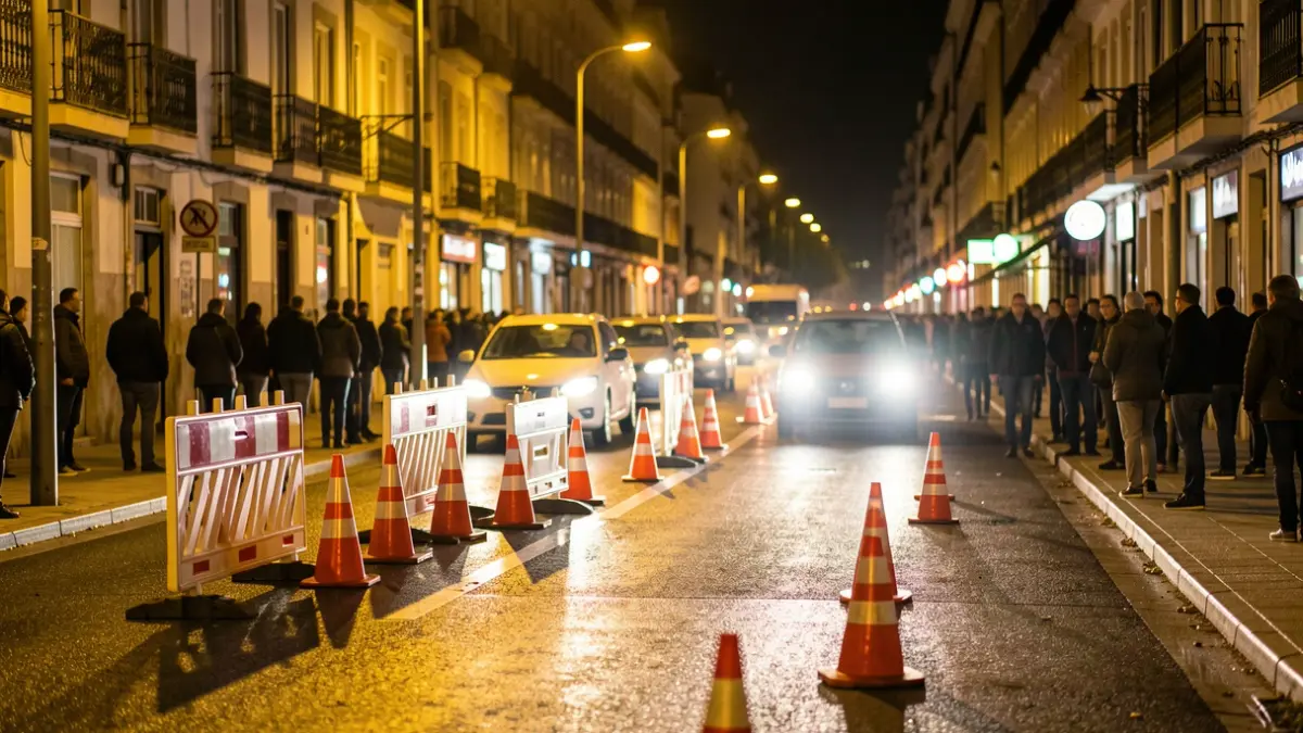 Imagen genérica de obras nocturnas en una calle portuguesa con conos de tráfico y luces de calle.