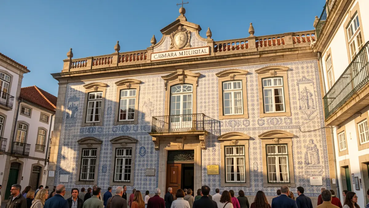 Fachada de uma Câmara Municipal portuguesa com azulejos tradicionais e detalhes em pedra, luz quente da tarde, céu azul.