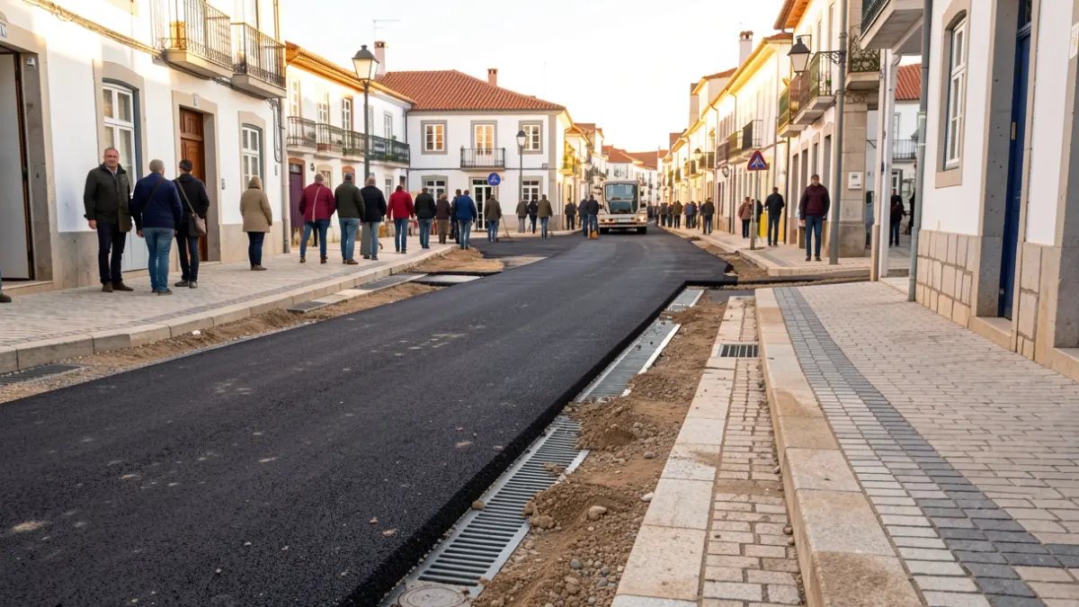 Imagen genérica de obras de recalificación de vías en Portugal, con foco en pavimentación e infraestructuras.