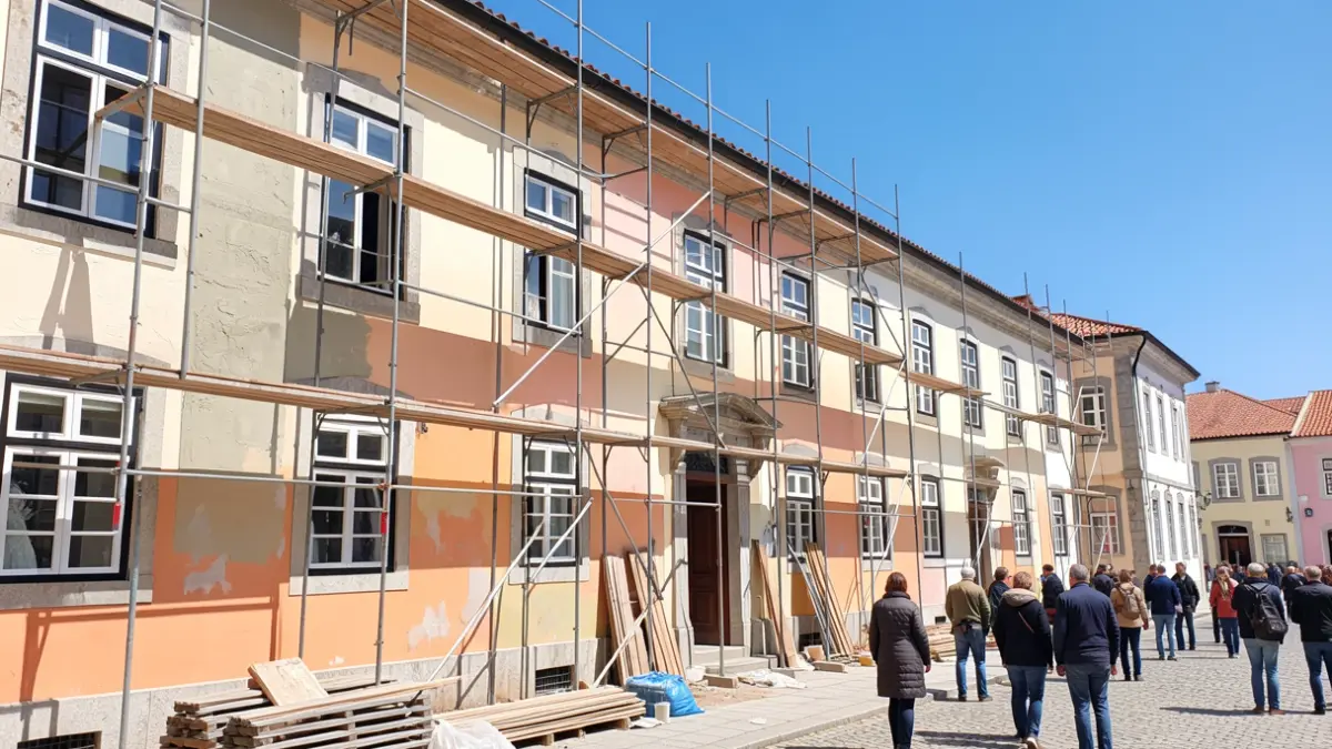 Fachada de uma escola portuguesa em obras de renovação com andaimes e paredes recém-pintadas.