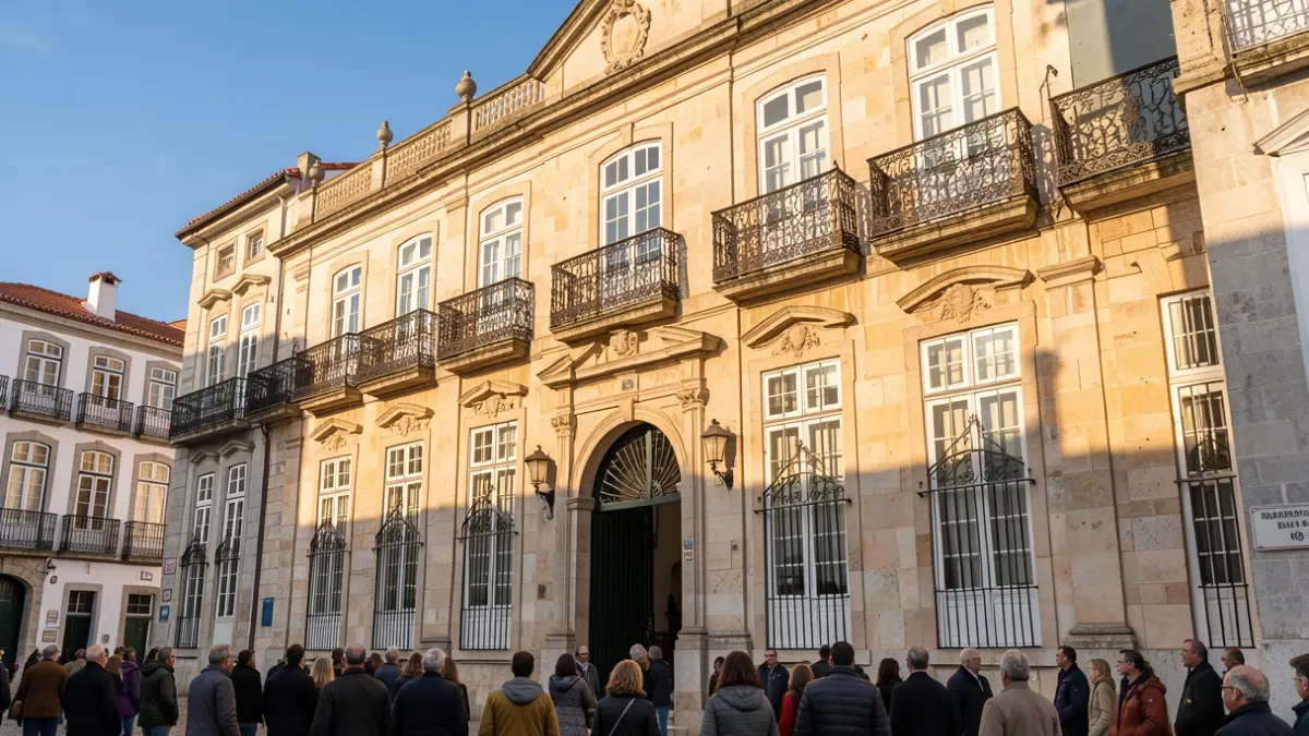 Fachada de un ayuntamiento portugués con balcones ornamentados y barandillas de hierro, cálida luz solar de la tarde proyectando sombras en las paredes de arenisca, cielo azul.