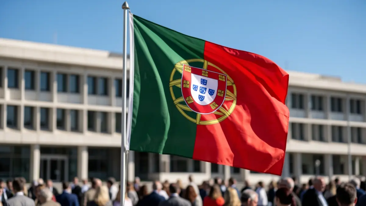 Bandeira de Portugal a abanar ao vento em frente a um edifício governamental desfocado.