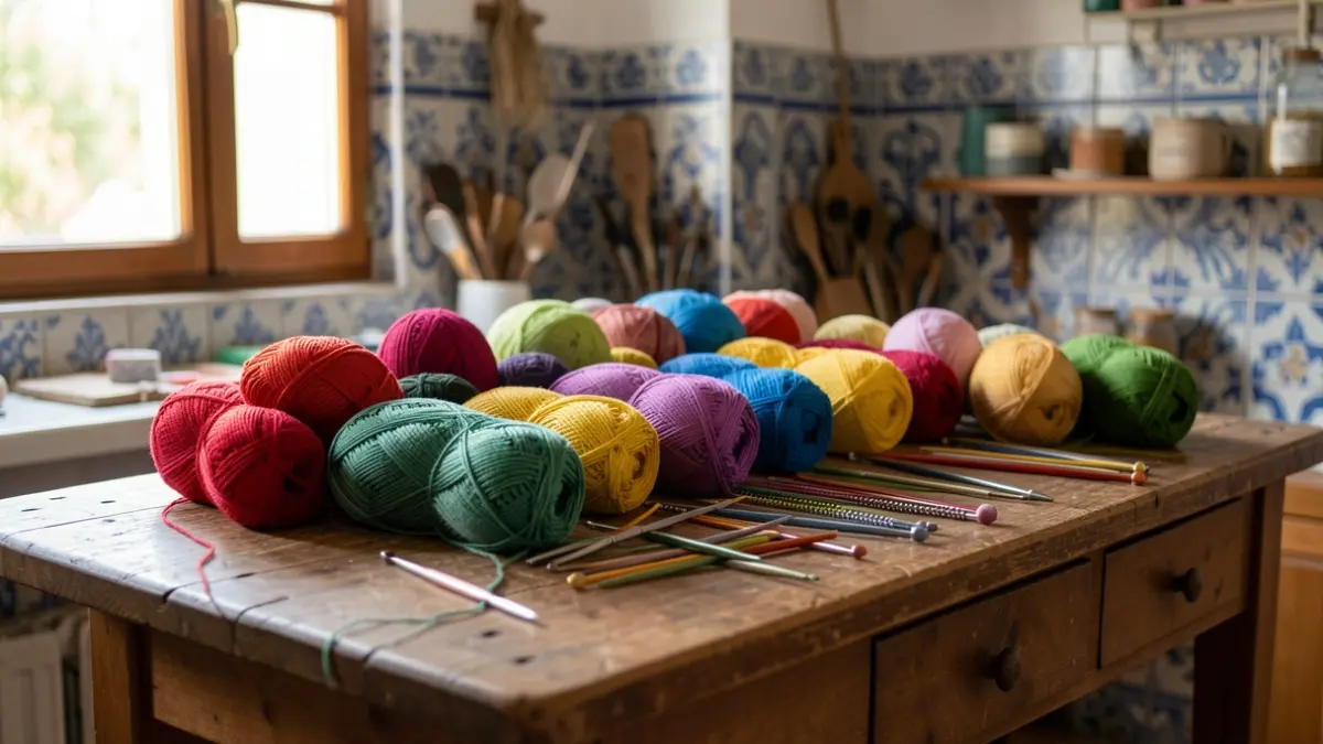 Generic image of a cozy workshop space in Portugal, with colorful yarn skeins and crochet hooks arranged on a wooden table.