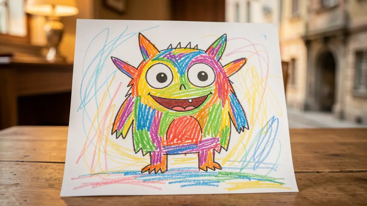 Imagen genérica de un dibujo infantil de un monstruo colorido y texturizado.