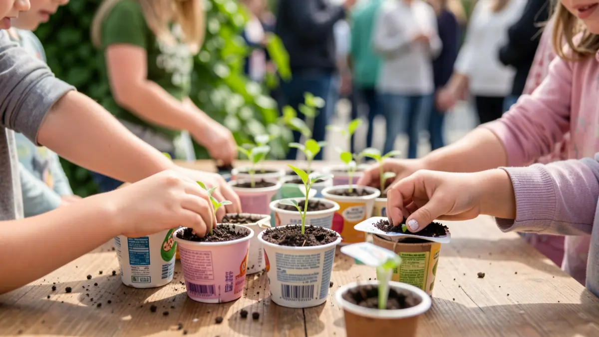Imagem genérica de mãos de crianças a plantar pequenas plantas em recipientes reciclados, com foco nas mãos e nas plantas.