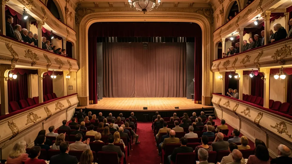 Imagen genérica de un interior de teatro portugués con balcones ornamentados y asientos de terciopelo rojo, luces del escenario iluminando un escenario de madera vacío, iluminación ambiental cálida.