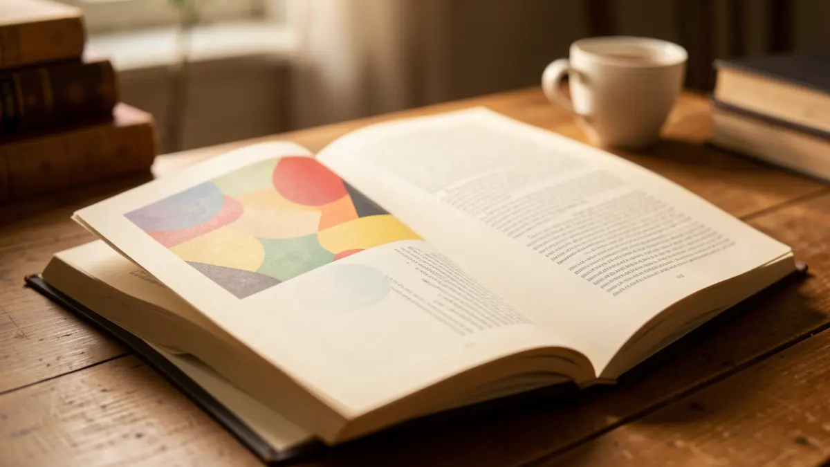 Generic image of an open book with abstract shapes and text on the pages, on a wooden desk.