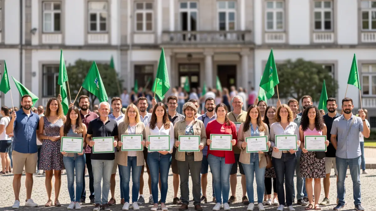 Imagem genérica de alunos e professores a receberem Bandeiras Verdes em frente a um edifício escolar português.