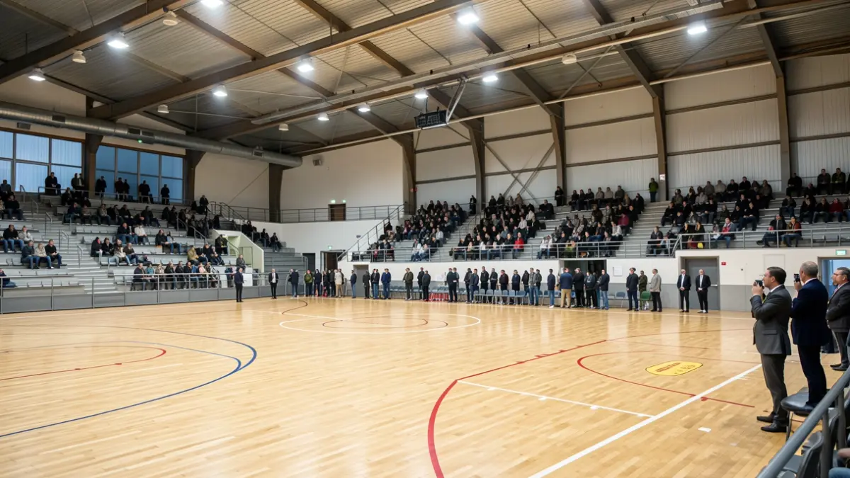 Modern sports pavilion with wooden floor and empty stands, ready for a sporting event.