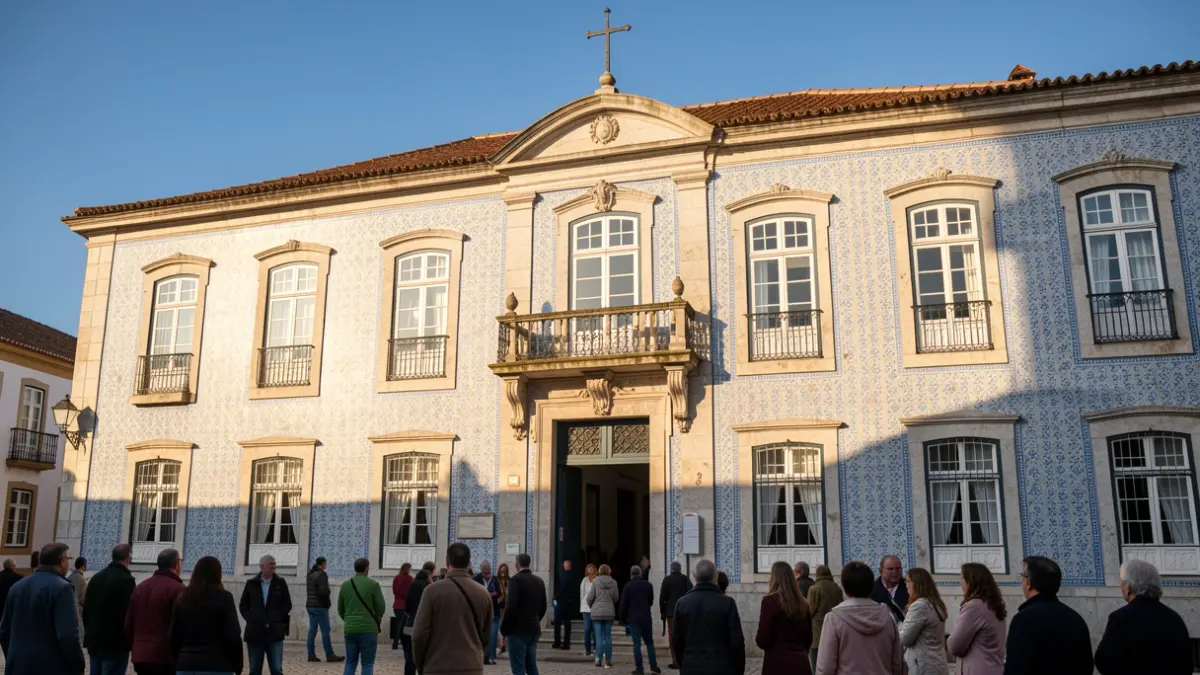 Fachada da Câmara Municipal de Oliveira do Hospital com azulejos e varanda, ao sol da tarde.