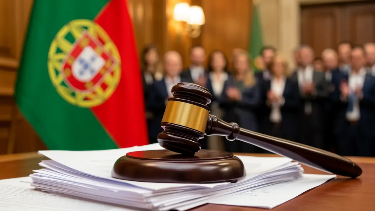 Imagem genérica de um martelo de juiz sobre documentos oficiais com uma bandeira de Portugal desfocada ao fundo.