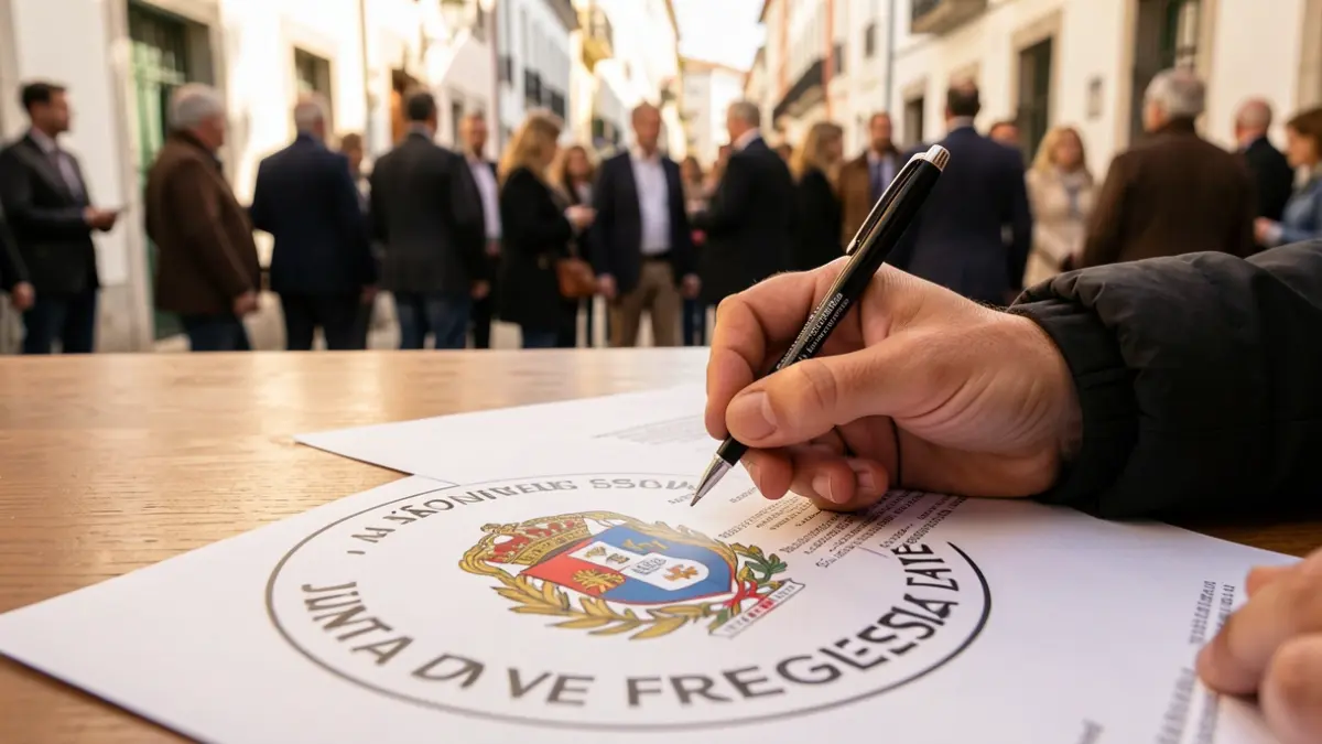 Mano firmando documento oficial de la Junta de Freguesia de São Vicente con sello al fondo.