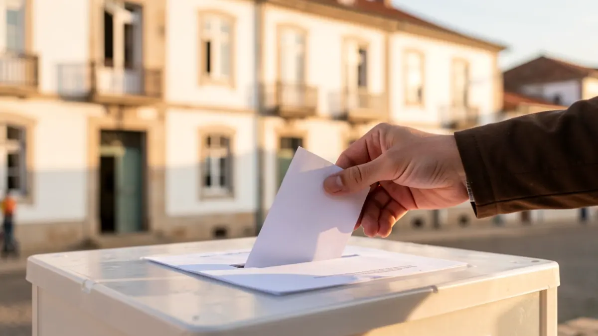 Imagen genérica de una urna de votación con una mano depositando un voto, frente a la fachada del Ayuntamiento de Celorico de Basto.