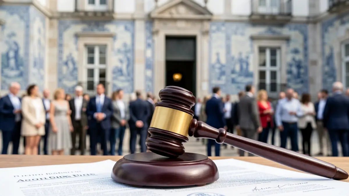 Imagen de un mazo de juez sobre un documento legal, con la fachada de un tribunal portugués al fondo.