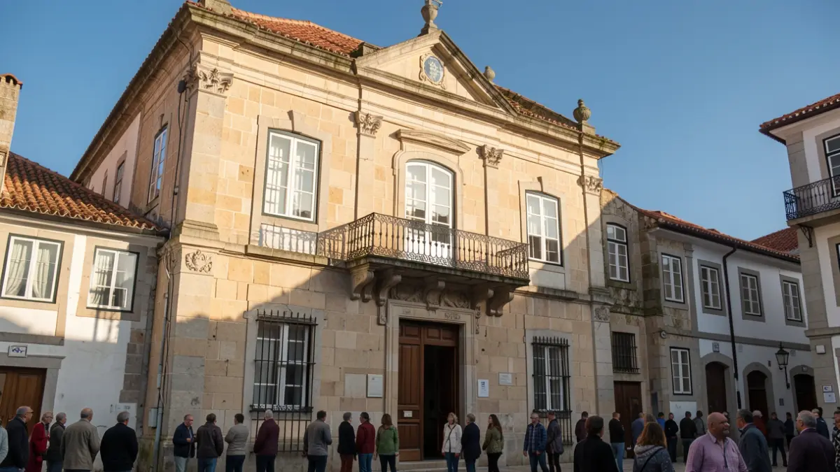 Imagem genérica da fachada de um edifício municipal português ao entardecer.