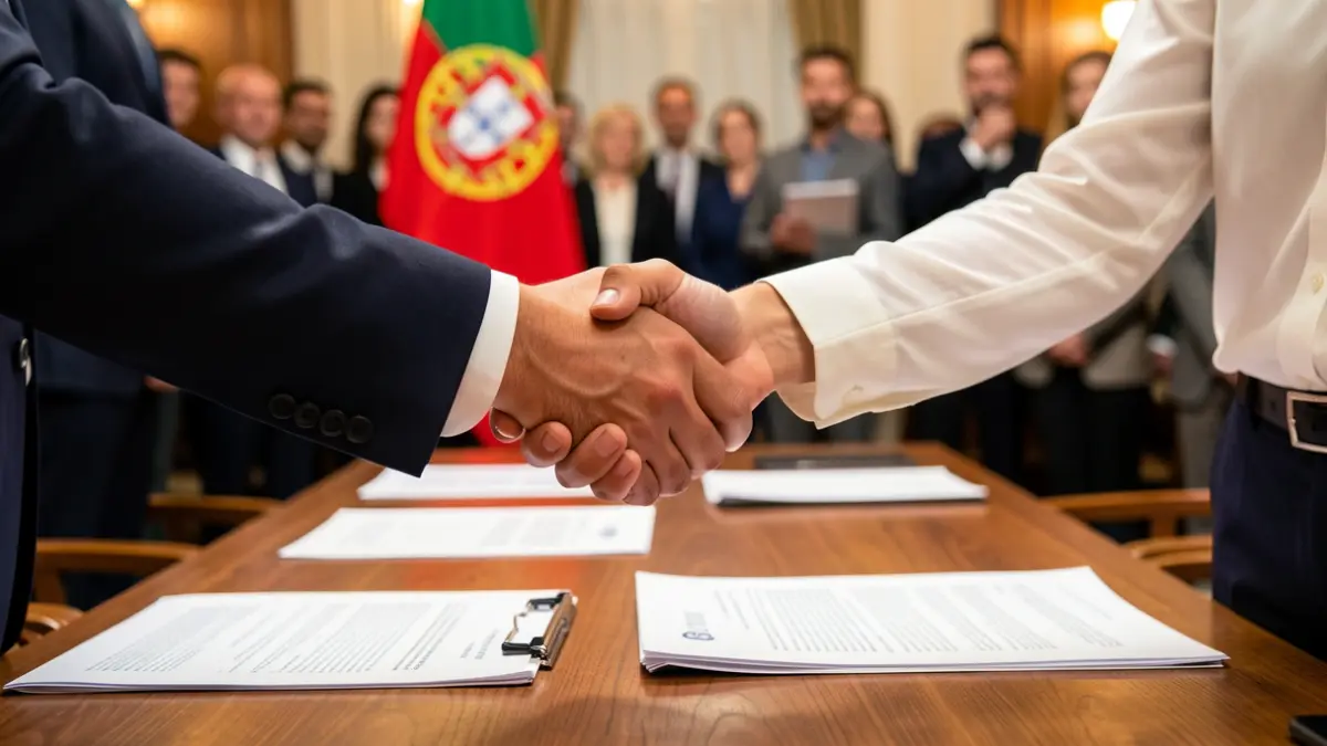 Image of two hands shaking in agreement, representing cooperation between Portugal and Macau.