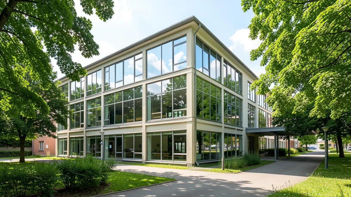 Imagem genérica de uma biblioteca universitária moderna com luz natural.