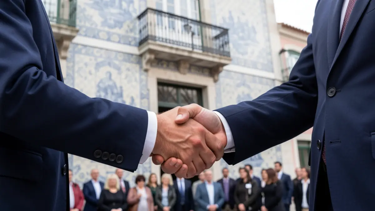 Mãos a apertar em frente a um edifício institucional português com azulejos.
