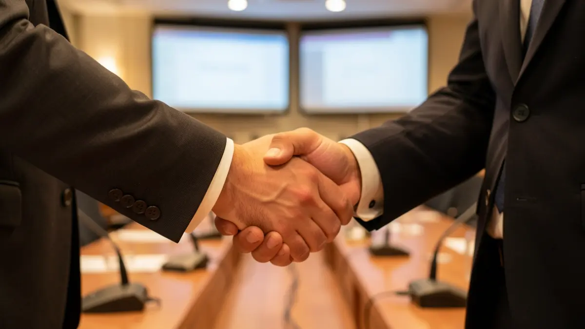Generic image of a handshake between two people in formal attire, with a blurred background of a conference hall.