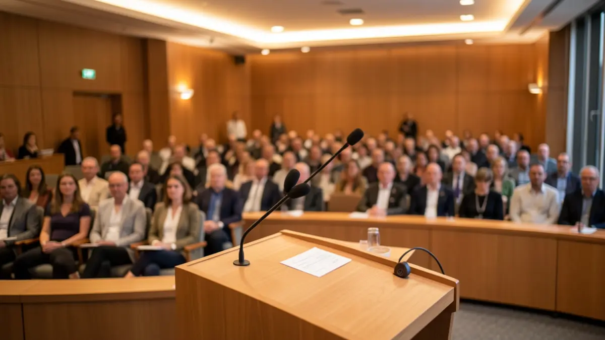 Generic image of a conference room in Portugal, with a podium and microphone, ambient lighting.