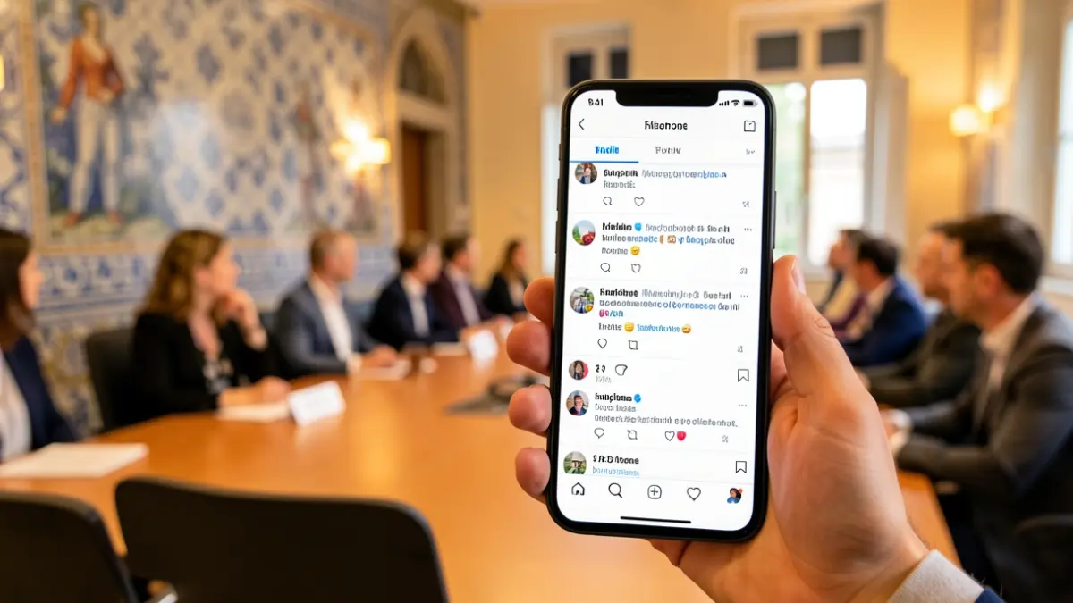 Hand holds smartphone with health feed, blurred background of conference room with Portuguese azulejos.