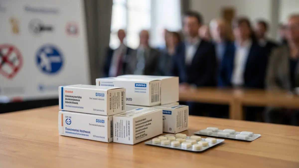 Imagen genérica de cajas de medicamentos y blísteres sobre un escritorio.