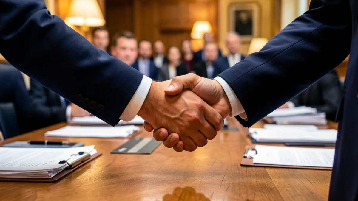 Generic image of a handshake between two people in a formal office setting, focusing on the details of the hands and the desk.