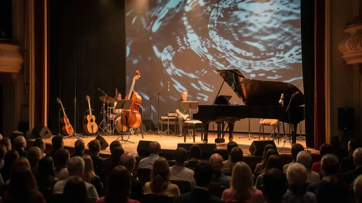 Generic image of a concert stage with musical instruments and abstract projections.