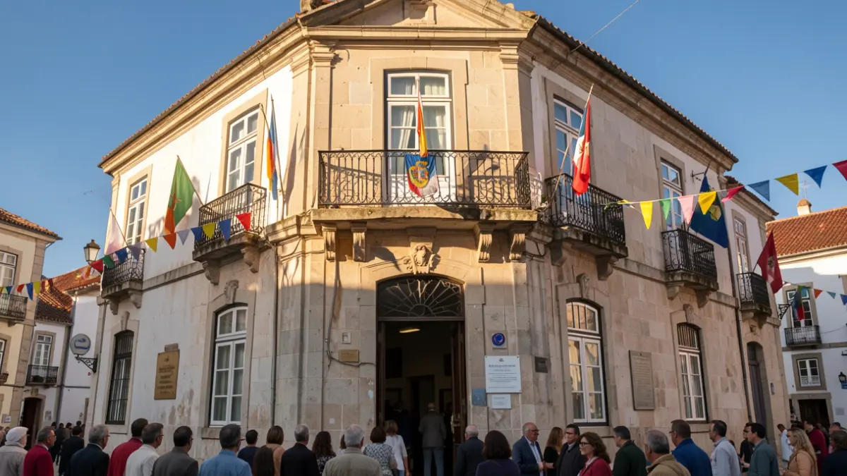 Generic image of a Portuguese Town Hall facade with an ornate balcony and late afternoon lighting.