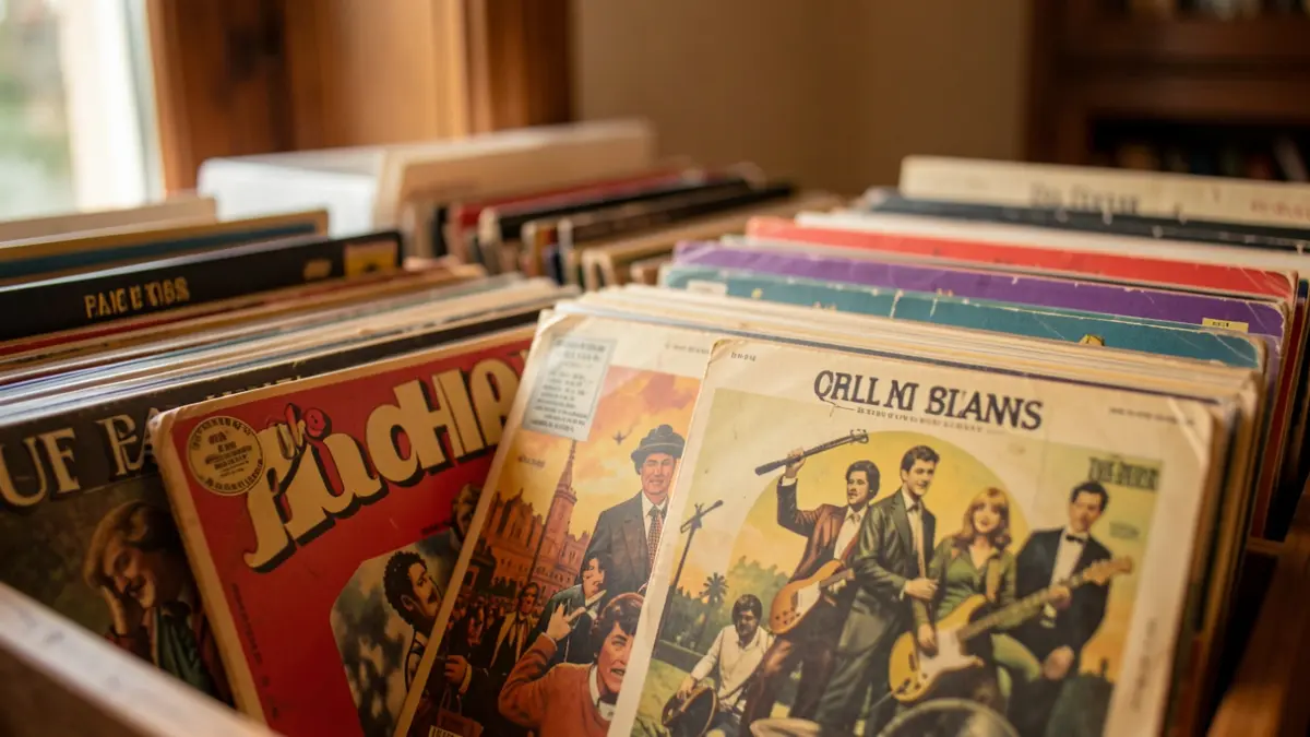 Imagem genérica de discos de vinil antigos com capas icónicas das décadas de 60 e 70, iluminação suave e quente, evocando nostalgia e história musical.