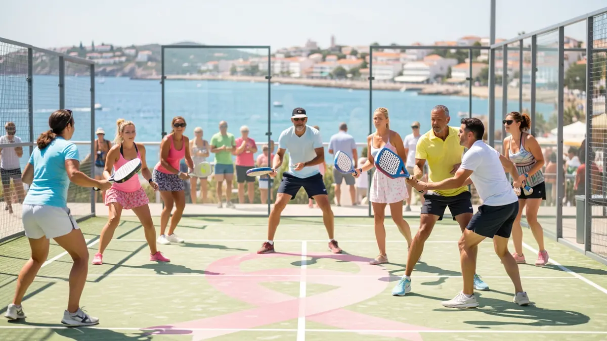 Image of a solidarity padel tournament in Albufeira, with participants playing on the court and elements symbolizing the fight against cancer.