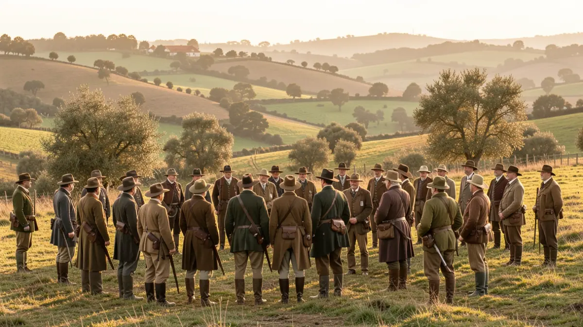 Imagem genérica de um grupo de caçadores numa paisagem rural portuguesa ao final da tarde.