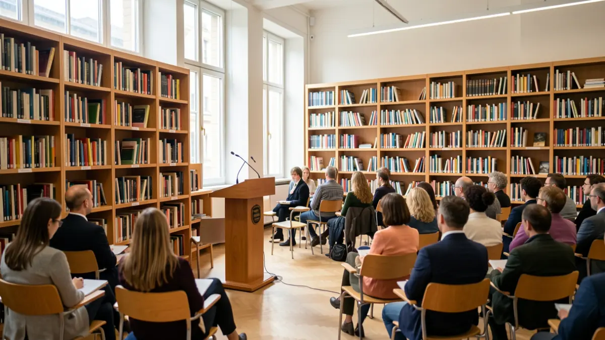 Generic image of a modern library with bookshelves and a lectern.