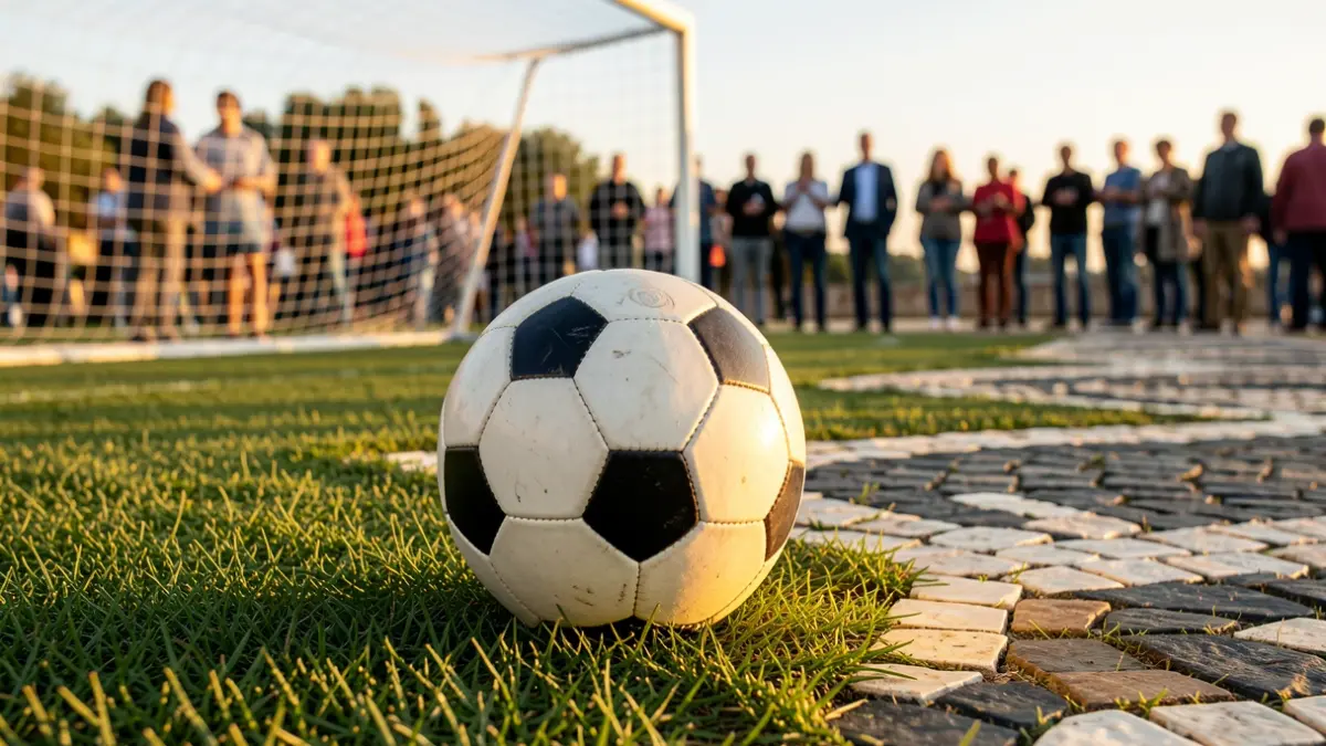 Imagem genérica de uma bola de futebol em relva, com a rede da baliza desfocada ao fundo.