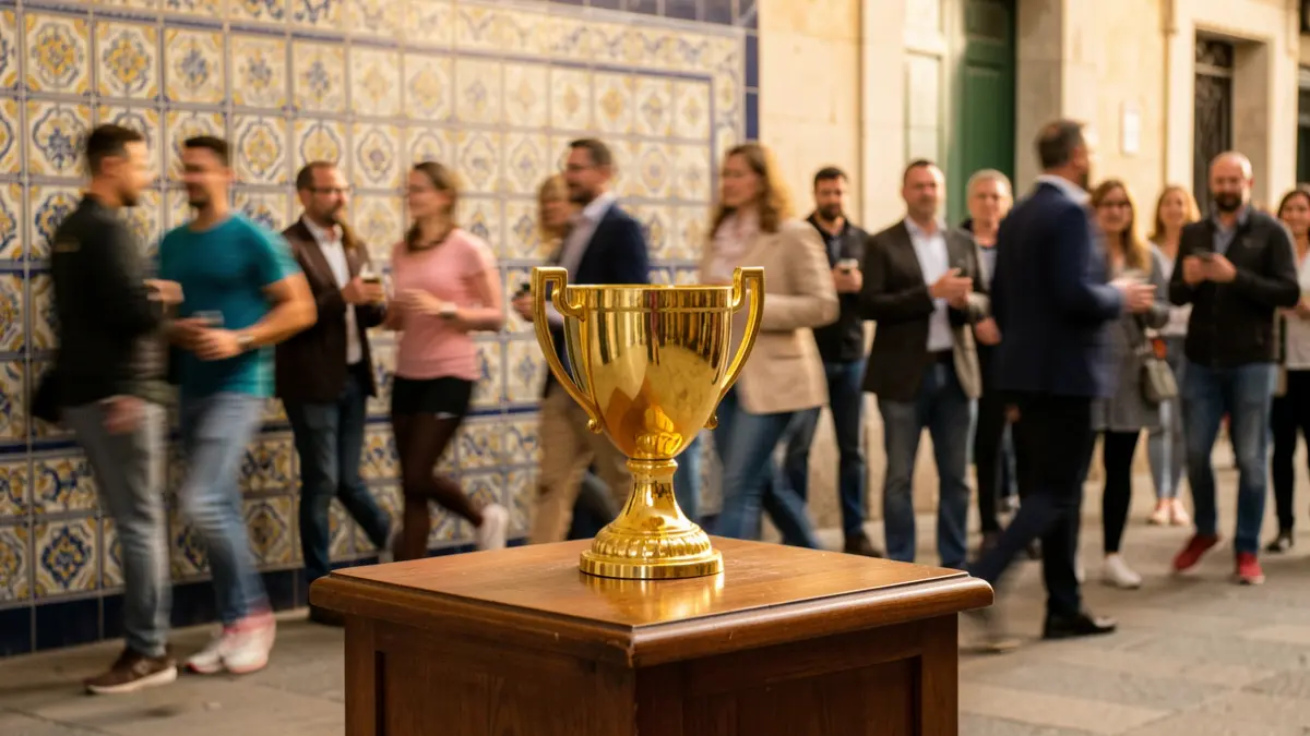 Imagem genérica de um troféu dourado sobre um pódio de madeira, com um fundo desfocado de azulejos portugueses e atletas em movimento.