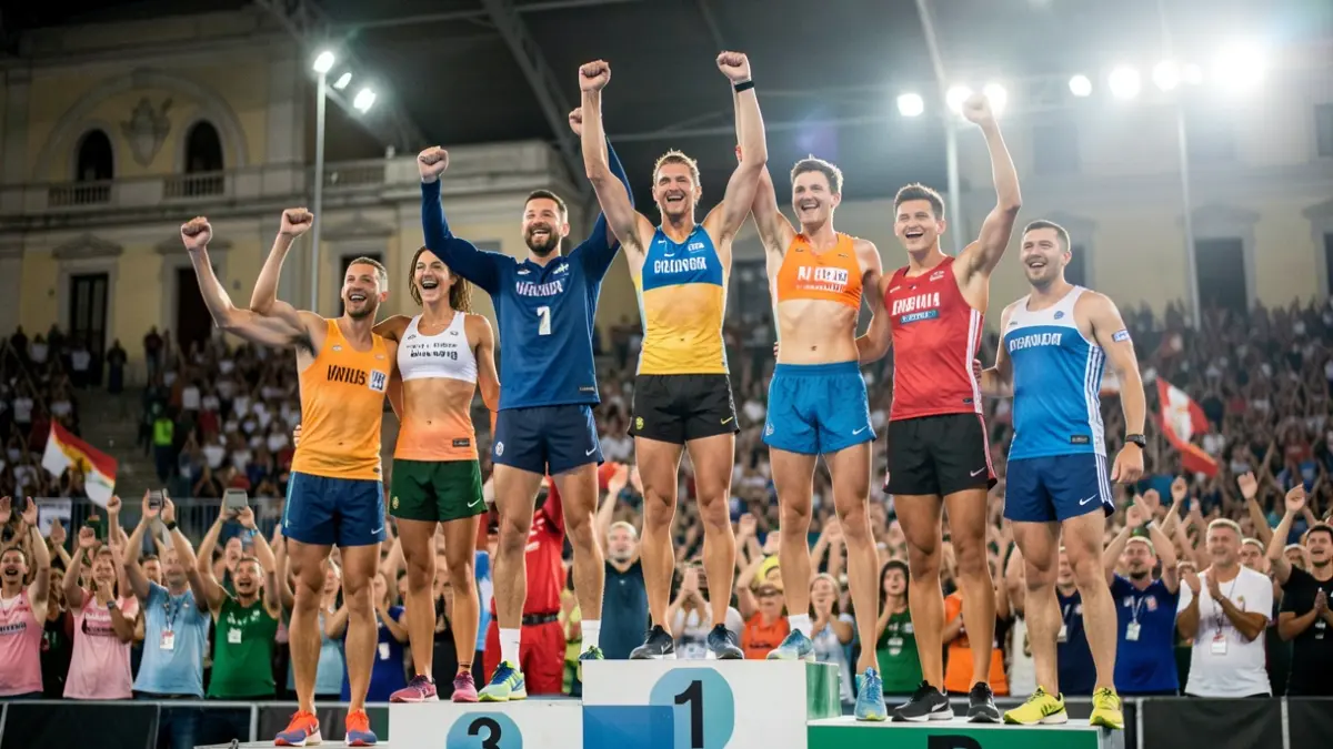 Generic image of athletes celebrating on a podium, with blurred crowd and stadium lights in the background.