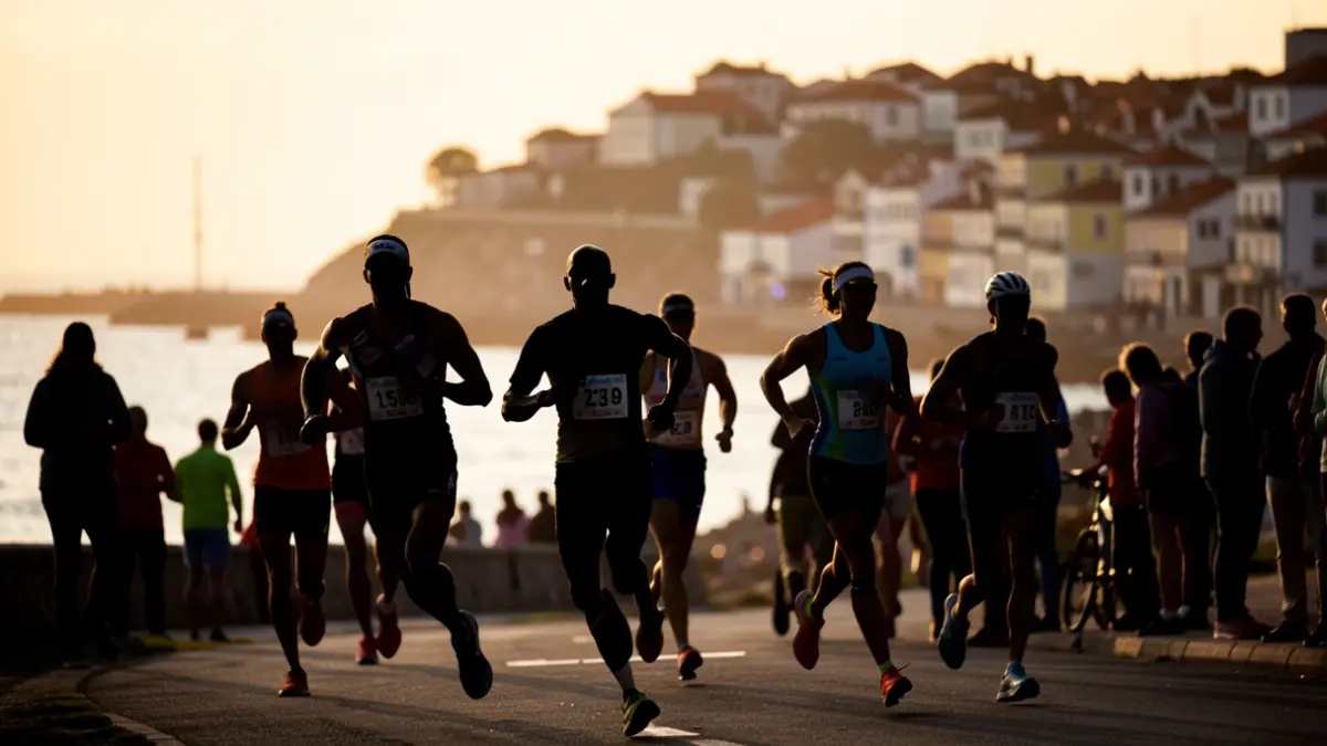 Imagem genérica de atletas em silhueta ao pôr do sol numa paisagem costeira portuguesa, com sugestões de um percurso desportivo.