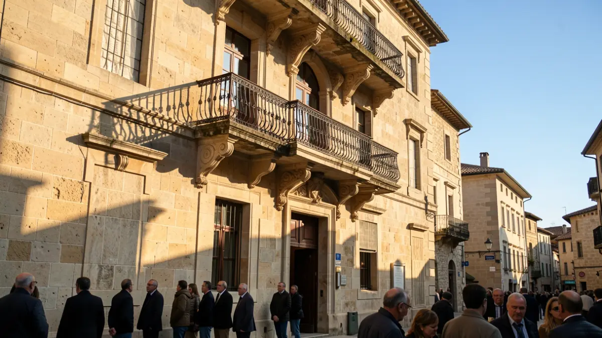 Generic image of a municipal building facade in Portugal, with afternoon sunlight.