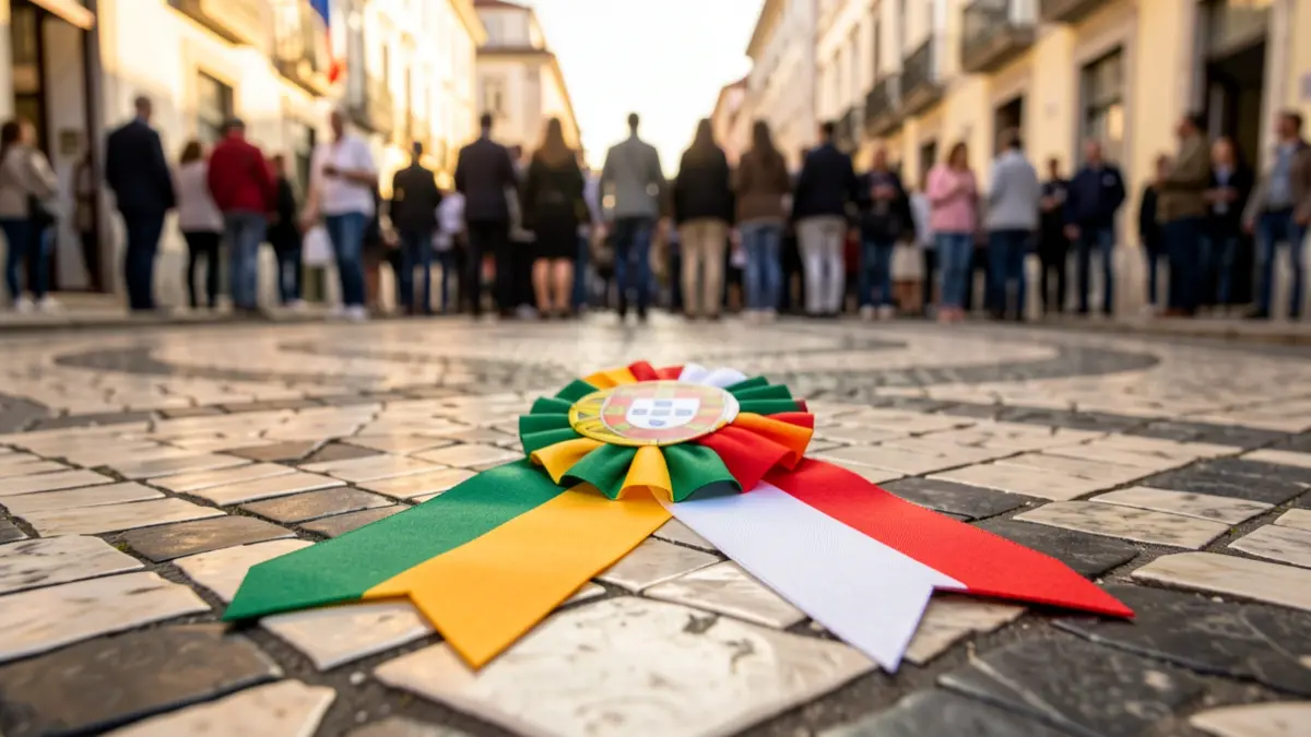 Generic image of an award ribbon with Portuguese national colors on traditional pavement.